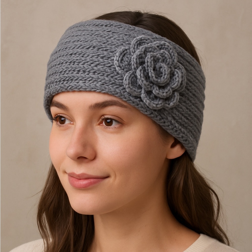 🔴 Gray Knit Crochet Flower Headband Ear Warmer | Soft Cotton NWOT